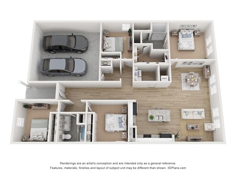 A 3D floor plan of a 4-bedroom home with a garage for two cars.